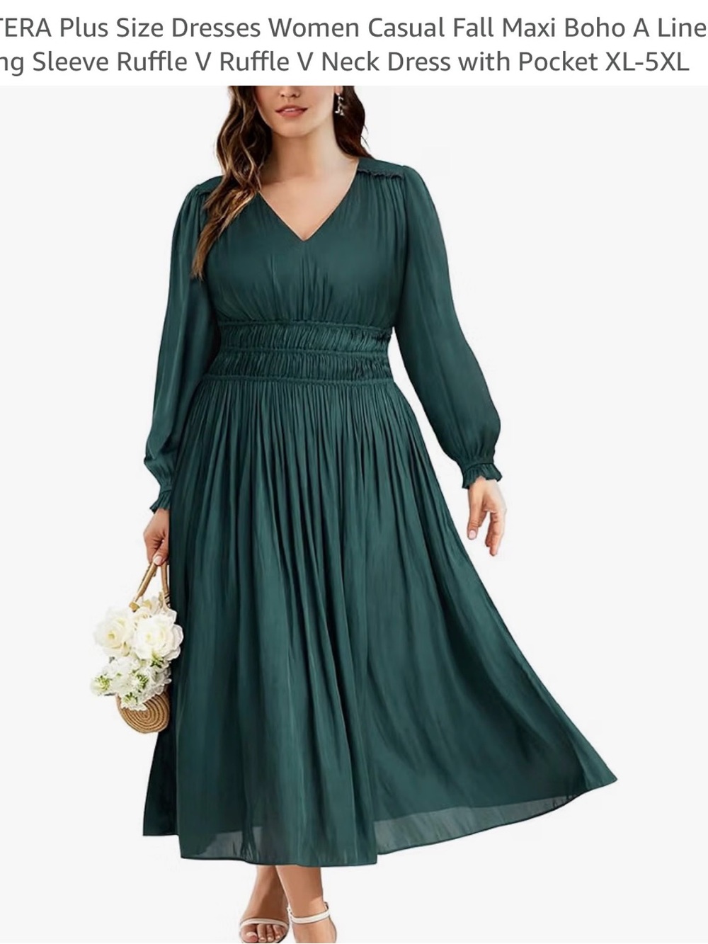 Plus Size V-Neck Long Sleeve Maxi Dress in Deep Teal